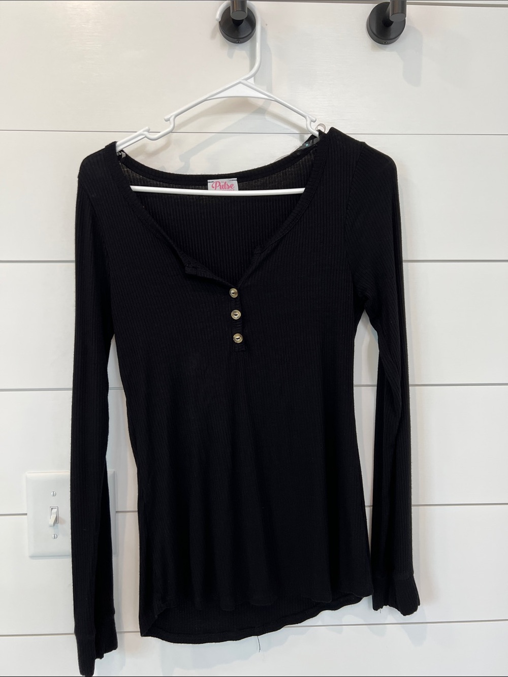 Pulse Black Ribbed Long-Sleeve Henley Top with Button Placket